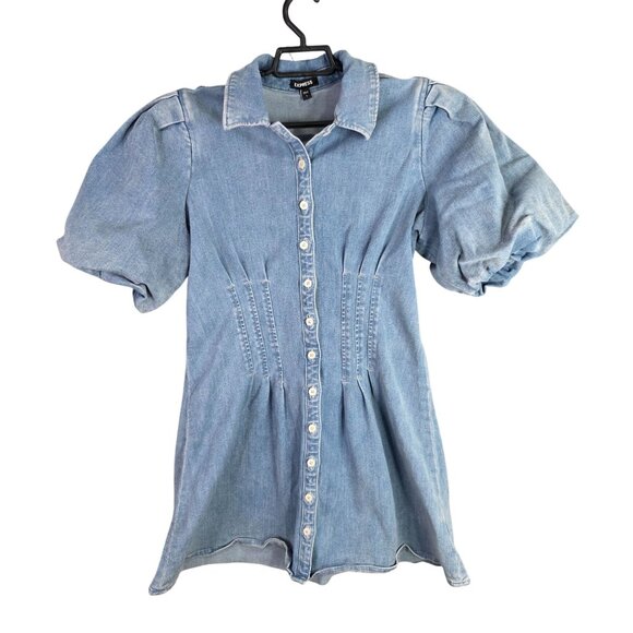 Womens Express Blue Denim Corset Mini Shirt Dress Puff Sleeve Button Up Size L - Picture 1 of 8